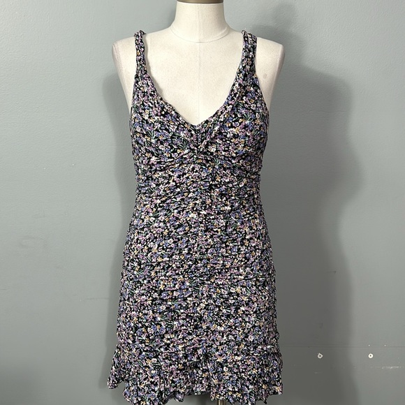 ASTR The Label Black Purple Floral Ruched Mini Dress Size M - Picture 2 of 16